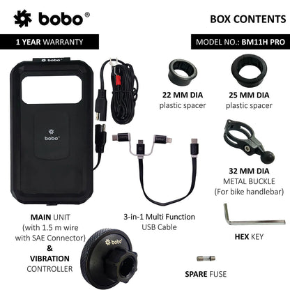 PRO Fully Waterproof Bike Phone Holder with Vibration Controller (with Fast 15W Wireless Charger & USB-C Input/Output Port) Motorcycle Mobile Mount - BOBO - BB-BM-011-111001